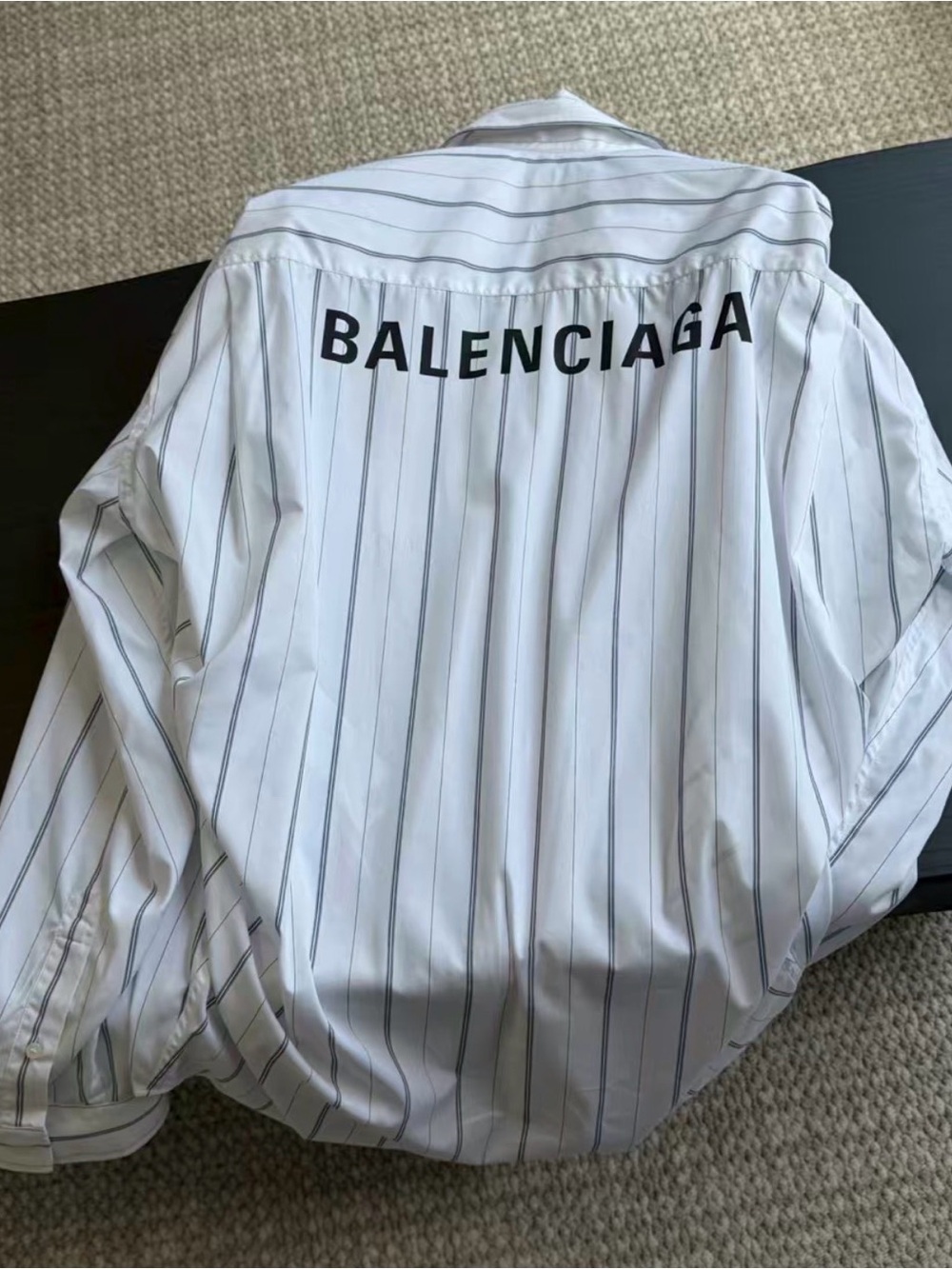 Balenciaga White Shirt with Black Logo and Navy Pinstripes - Picture 3 of 5